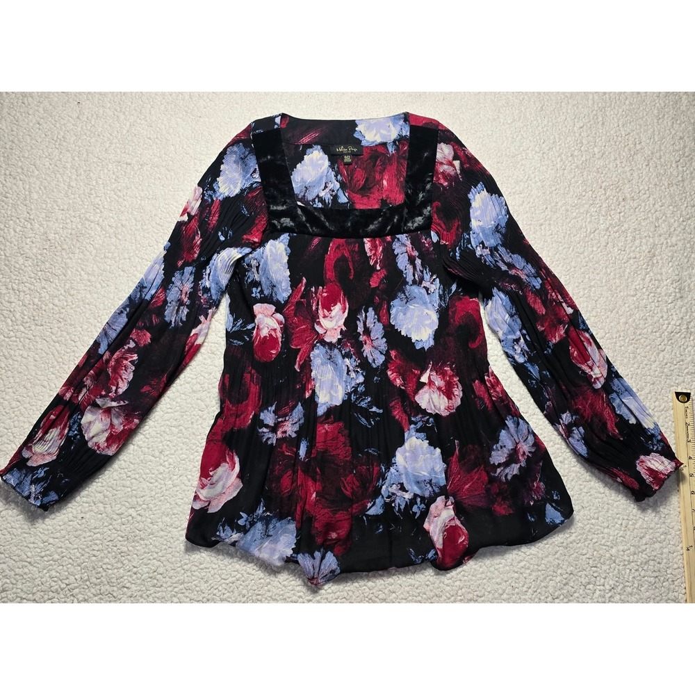 Melissa Paige Petite Floral Square Neck Blouse Red Blue Velvet Trim PL Petite L